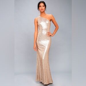 Timeless Story Matte Rose Gold Sequin One-Shoulder Maxi Dress
